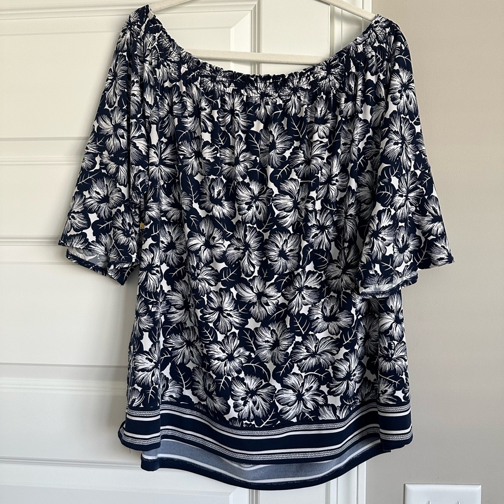 Michael Kors Navy & White Floral Off-Shoulder Tunic XXL